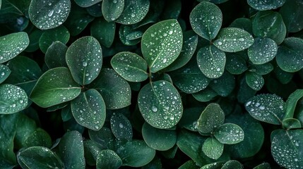 Poster - A high-angle view of a lush plant with numerous leaves covered in dew, creating a sparkling effect and showcasing the plants natural beauty.