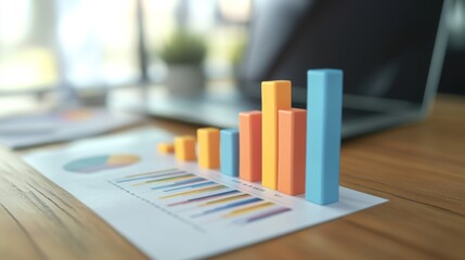 Fototapete - A high-angle view of a colorful D bar graph on a sleek office desk, with documents and a laptop in the background, representing business strategy and progress.