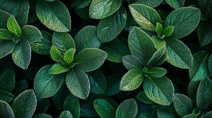 Poster - A high-angle view of a lush plant with numerous leaves covered in dew, creating a sparkling effect and showcasing the plants natural beauty.