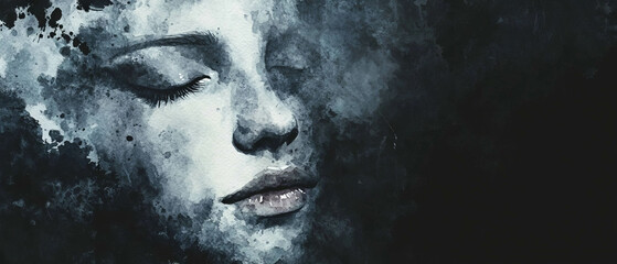Poster - Watercolor portrait overlay with expressive brushstrokes and message space on black background