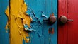 © S.W. - A close-up view of a weathered wooden surface featuring vibrant blue, yellow, and red paint, with noticeable peeling and two round knobs.