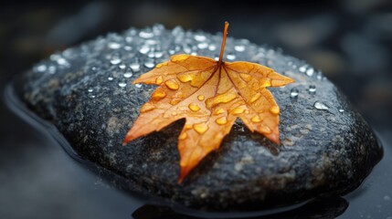 Poster - A high-resolution image of a dewy leaf resting on a smooth stone, with droplets of water adding a fresh and natural touch to the composition.