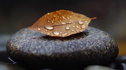 Poster - A high-resolution image of a dewy leaf resting on a smooth stone, with droplets of water adding a fresh and natural touch to the composition.