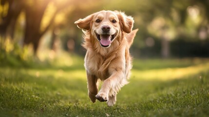 Aufkleber - A high-resolution image of a happy dog running towards the camera in a park, with its tongue out and a joyful expression, capturing its playful nature.