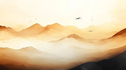 Poster - Majestic golden mountain landscape featuring birds soaring over misty peaks at sunset, creating a tranquil and awe inspiring scene filled with natural beauty and harmony