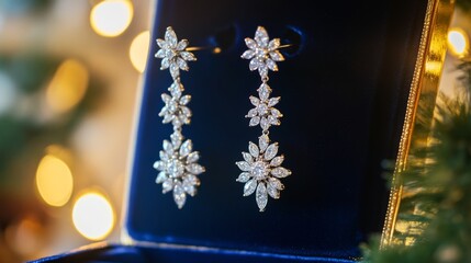 Poster - A high-resolution image of a pair of sophisticated diamond drop earrings hanging from a luxurious velvet jewelry box, with a focus on their intricate design.