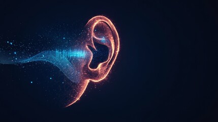 Poster - Sound wave entering digital ear, particles flowing towards the auditory canal, creating a futuristic visualization of hearing, music, and audio concepts