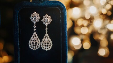 Poster - A high-resolution image of a pair of sophisticated diamond drop earrings hanging from a luxurious velvet jewelry box, with a focus on their intricate design.