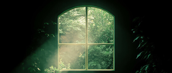  - Dappled light filtering through forest trees creating a serene atmosphere indoors