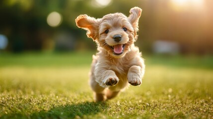 Poster - A high-resolution image of a playful puppy running joyfully through a sunny park, with its ears flapping and a happy expression on its face.
