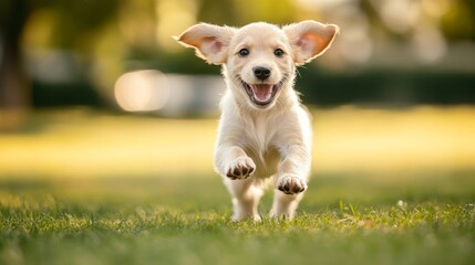 Poster - A high-resolution image of a playful puppy running joyfully through a sunny park, with its ears flapping and a happy expression on its face.