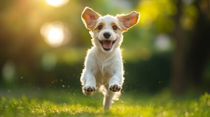 Poster - A high-resolution image of a playful puppy running joyfully through a sunny park, with its ears flapping and a happy expression on its face.