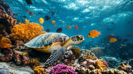 Poster - A high-resolution image of a sea turtle resting on a sandy coral reef, with colorful fish swimming nearby and the underwater ecosystem in full view.