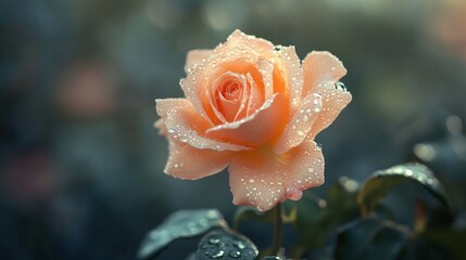 Poster - A high-resolution image of a single blooming rose with tiny water droplets on its petals, creating a fresh and elegant look against a soft focus backdrop.