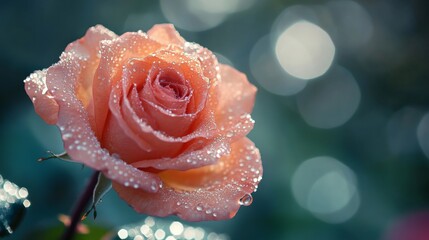 Poster - A high-resolution image of a single blooming rose with tiny water droplets on its petals, creating a fresh and elegant look against a soft focus backdrop.