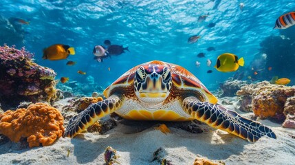 Poster - A high-resolution image of a sea turtle resting on a sandy coral reef, with colorful fish swimming nearby and the underwater ecosystem in full view.