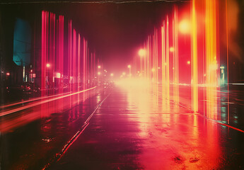 A grainy, glitched, and distorted photograph of neon rainbow lights reflecting on wet asphalt at night.