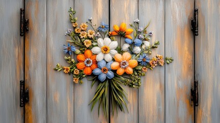 Wall Mural - A vibrant bouquet of colorful flowers arranged against a rustic wooden background with intricate detailing.