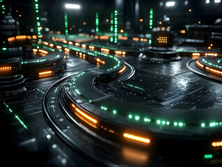 Poster - futuristic city circuit board, glowing lights, dark background, tech concept