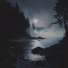 Wall Mural - softly lit moonlit bay with dark silhouettes of rocks and trees, light mist hovering over the water’