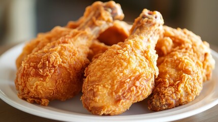 Leinwandbilder - A high-resolution image of crispy, golden-brown fried chicken pieces arranged neatly on a white plate, with a focus on the crunchy texture and delicious appearance.