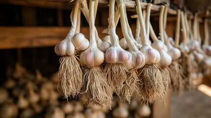 Poster - A high-resolution image of garlic bulbs hanging in a bunch, with their roots and stems still attached, drying in a rustic kitchen or storage area.