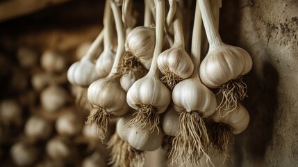 Poster - A high-resolution image of garlic bulbs hanging in a bunch, with their roots and stems still attached, drying in a rustic kitchen or storage area.