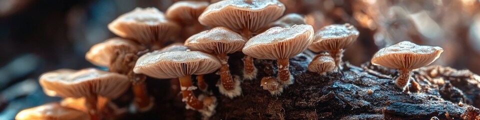 A close-up view of various types of mushrooms growing on the trunk and branches of a tree