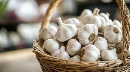 Aufkleber - A high-resolution image of garlic bulbs placed in a woven basket, with a backdrop of a kitchen or dining area, highlighting their natural and earthy appearance.