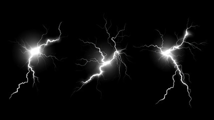 Thunder bolt and vertical bright lightning on black background. Realistic 3d vector illustration set of storm energy effect. Light glow thunderstorm flash power strike or electric voltage discharge.