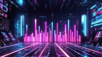 Fototapete - A high-tech D bar chart with luminous bars arranged in a smooth, upward trend, set against a dark, futuristic financial dashboard