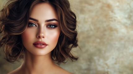 Wall Mural - A high-resolution portrait of a woman with elegant makeup and styled hair, exuding confidence and beauty in a professional setting.