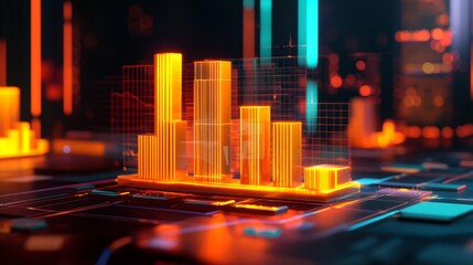 Fototapete - A high-tech D bar chart with luminous bars arranged in a smooth, upward trend, set against a dark, futuristic financial dashboard