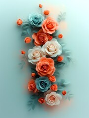 Poster - Delicate garland of pastel hued rose blossoms with gently unfurled petals arranged in a soft symmetrical pattern against a luminous ethereal background