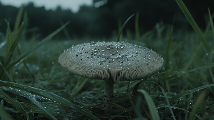 Poster - A low-angle view of a mushroom surrounded by dew-laden grass, with soft morning light highlighting the water droplets on its cap