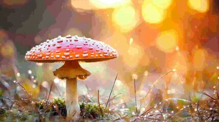 Poster - A low-angle view of a mushroom surrounded by dew-laden grass, with soft morning light highlighting the water droplets on its cap