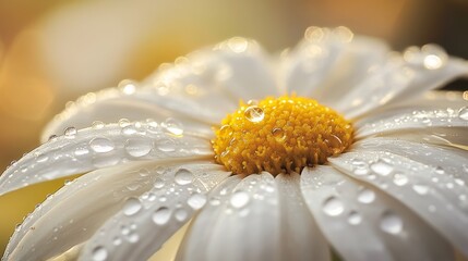 Poster - A macro shot of a daisy with dew drops on its white petals, capturing the intricate details of the water droplets reflecting sunlight.
