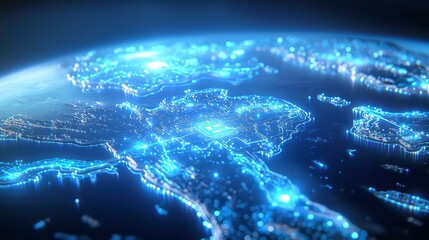 Poster - Futuristic World Map of AI Networks, illustrating global connections, vibrant nodes representing artificial intelligence systems, dynamic data flow across continents.
