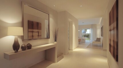 Poster - a minimalist hallway with clean lines and neutral tones, featuring a contemporary console table and 