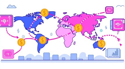 Poster - Global Money Movement, depicting the intricate pathways of international financial transactions, showcasing cross-border banking systems and the dynamics of money transfers.
