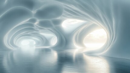 Aufkleber - A surreal, ethereal interior space with flowing, unique shapes and soft lighting, creating a tranquil atmosphere by the shimmering water surface.