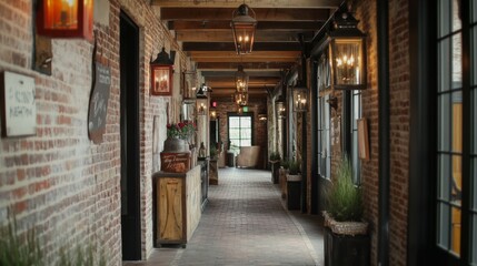 Poster - A rustic hallway showcasing exposed brick walls, wooden beams, and charming decorative elements like lanterns and vintage signs, evoking a warm, homey feel