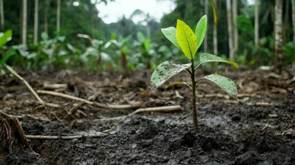 Poster - A sapling growing in a small patch of cleared forest floor, surrounded by rich, dark soil and scattered fallen branches, symbolizing new life