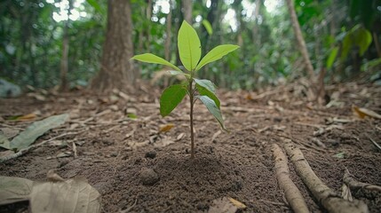 Poster - A sapling growing in a small patch of cleared forest floor, surrounded by rich, dark soil and scattered fallen branches, symbolizing new life
