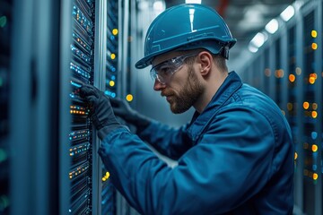 Aufkleber - A technician in a blue helmet and gloves working on a server rack in a data center, ensuring system efficiency and security using advanced technology.