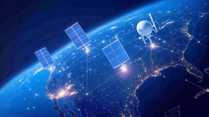 Poster - Satellite Overview of the United States, depicting the extensive network of communication, GPS, and weather satellites orbiting above the country.