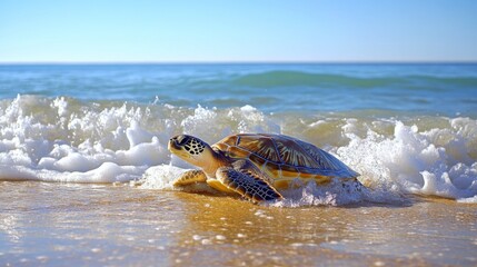 Poster - A sea turtle emerging from the ocean and making its way onto a sandy beach, with a backdrop of gentle waves and a clear, sunny sky.