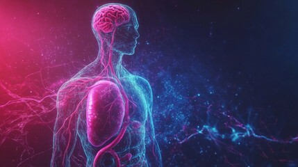 Poster - A scientific illustration of the human circulatory system, with detailed arteries and veins, focusing on the flow of blood through the body