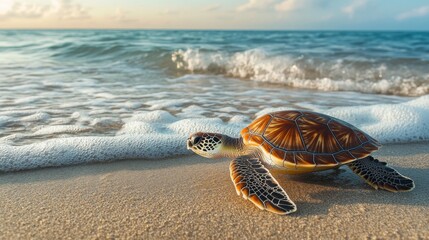 Poster - A sea turtle emerging from the ocean and making its way onto a sandy beach, with a backdrop of gentle waves and a clear, sunny sky.