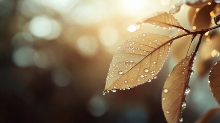 Poster - A serene image of a dewy leaf on a misty morning, with the droplets reflecting soft, diffused light and adding a touch of tranquility to the scene.